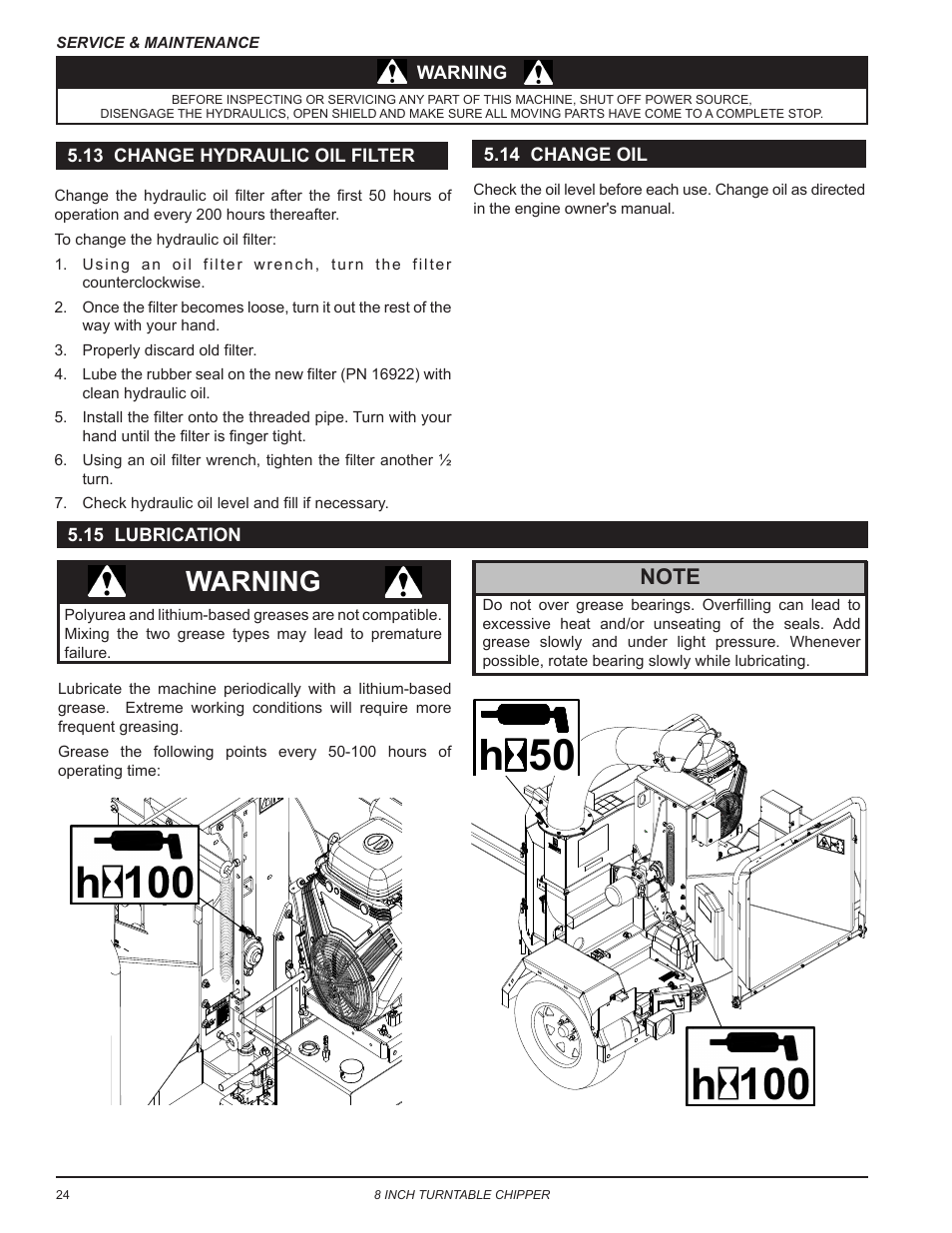 13 change hydraulic oil filter, 15 lubrication, 14 change oil | 50 h, Warning | Echo CH8993H Owners Manual v.7 User Manual | Page 28 / 37