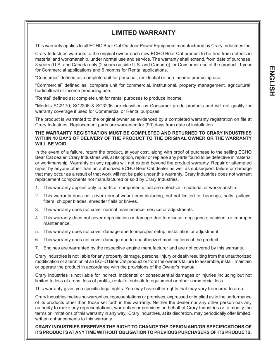English, Limited warranty | Echo CH8993H Owners Manual v.7 User Manual | Page 3 / 37
