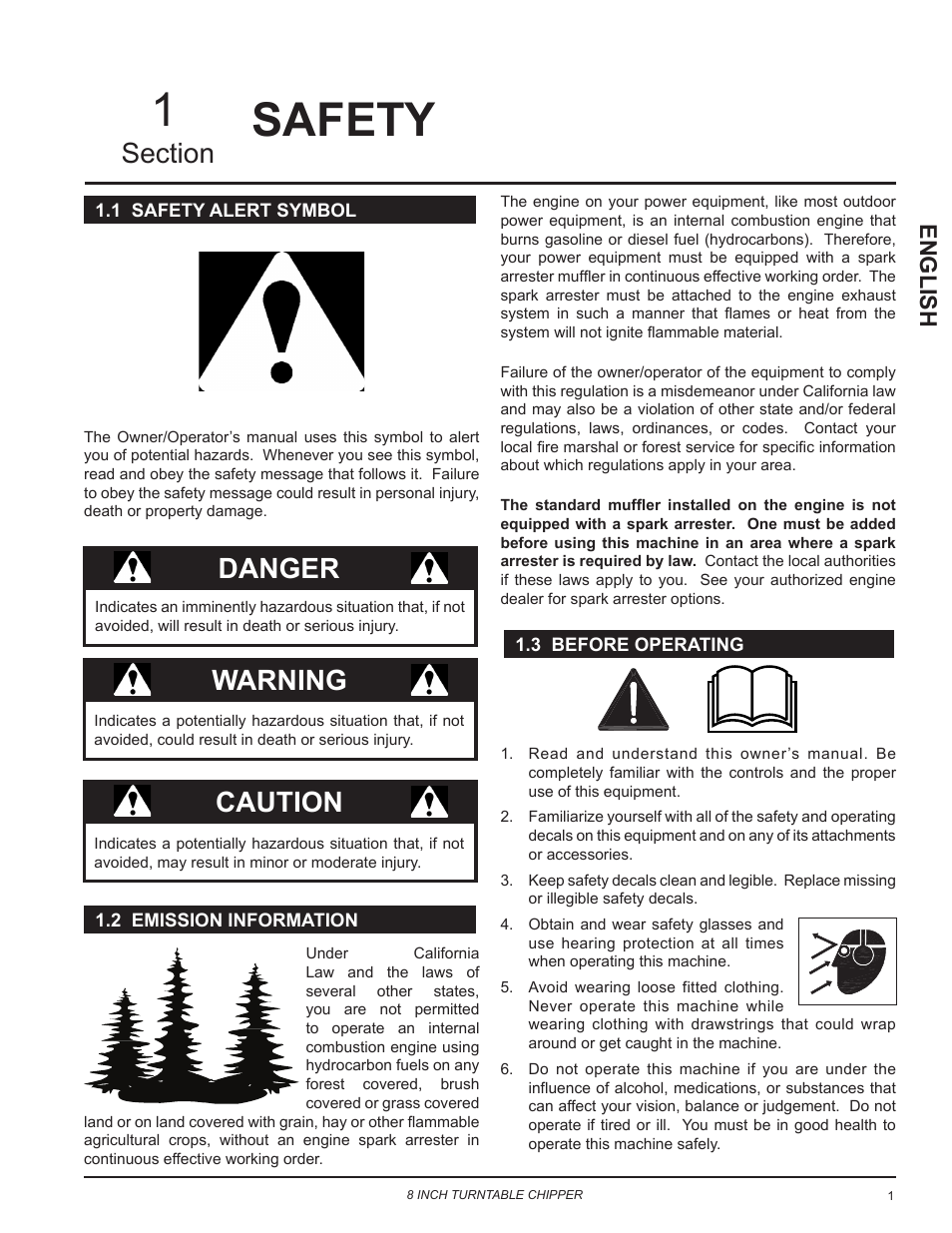 Safety, 1 safety alert symbol, 2 emission information | 3 before operating, Warning, Danger caution, English | Echo CH8993H Owners Manual v.7 User Manual | Page 5 / 37