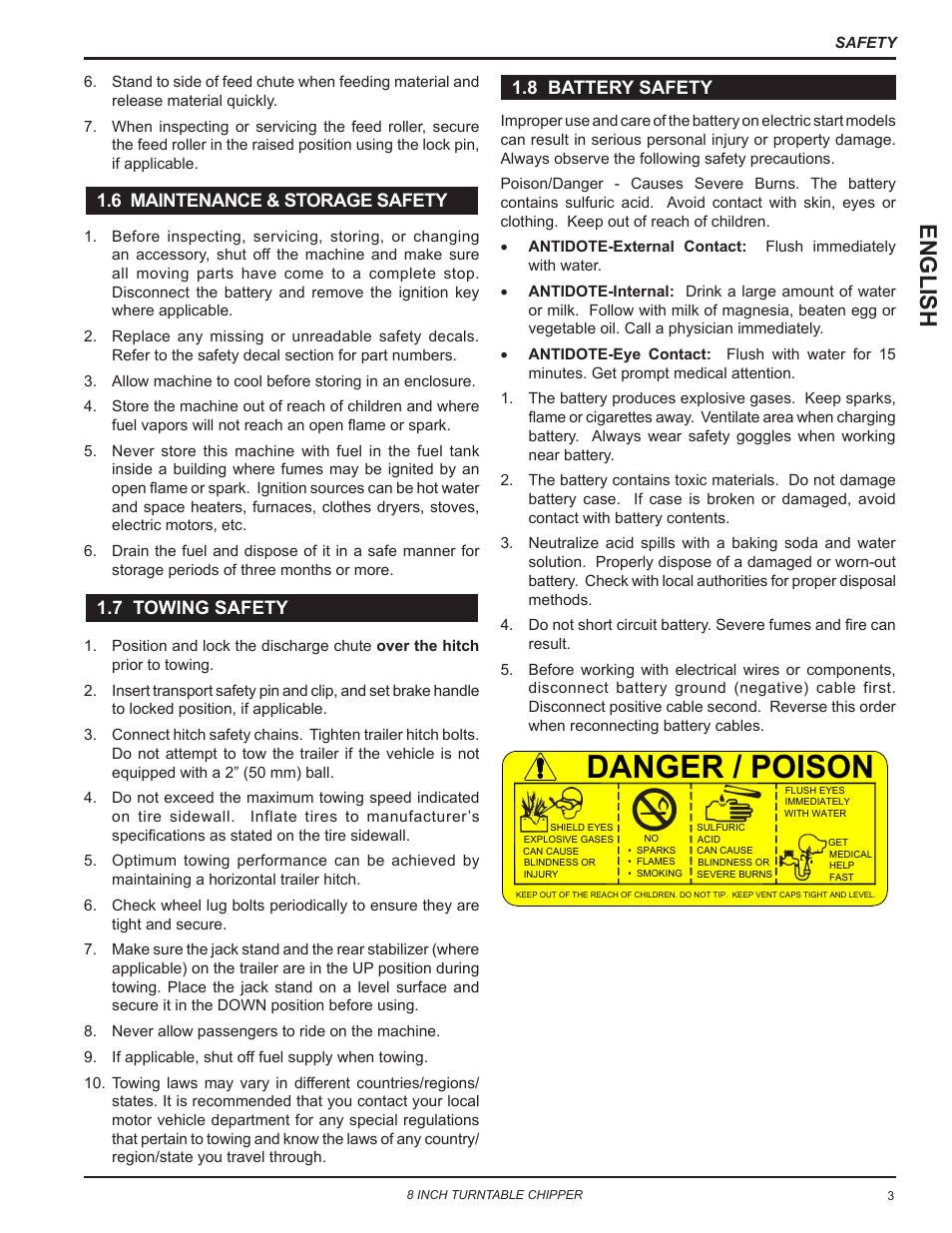 6 maintenance & storage safety, 7 towing safety, 8 battery safety | Danger / poison, English | Echo CH8993H Owners Manual v.7 User Manual | Page 7 / 37