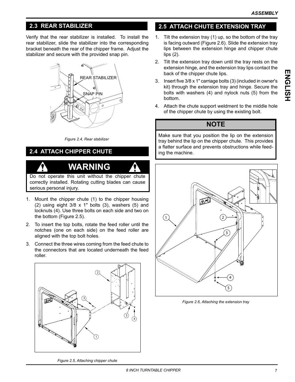 3 rear stabilizer, 4 attach chipper chute, 5 attach chute extension tray | Warning, English | Echo CH8993H Owners Manual v.6 User Manual | Page 11 / 34