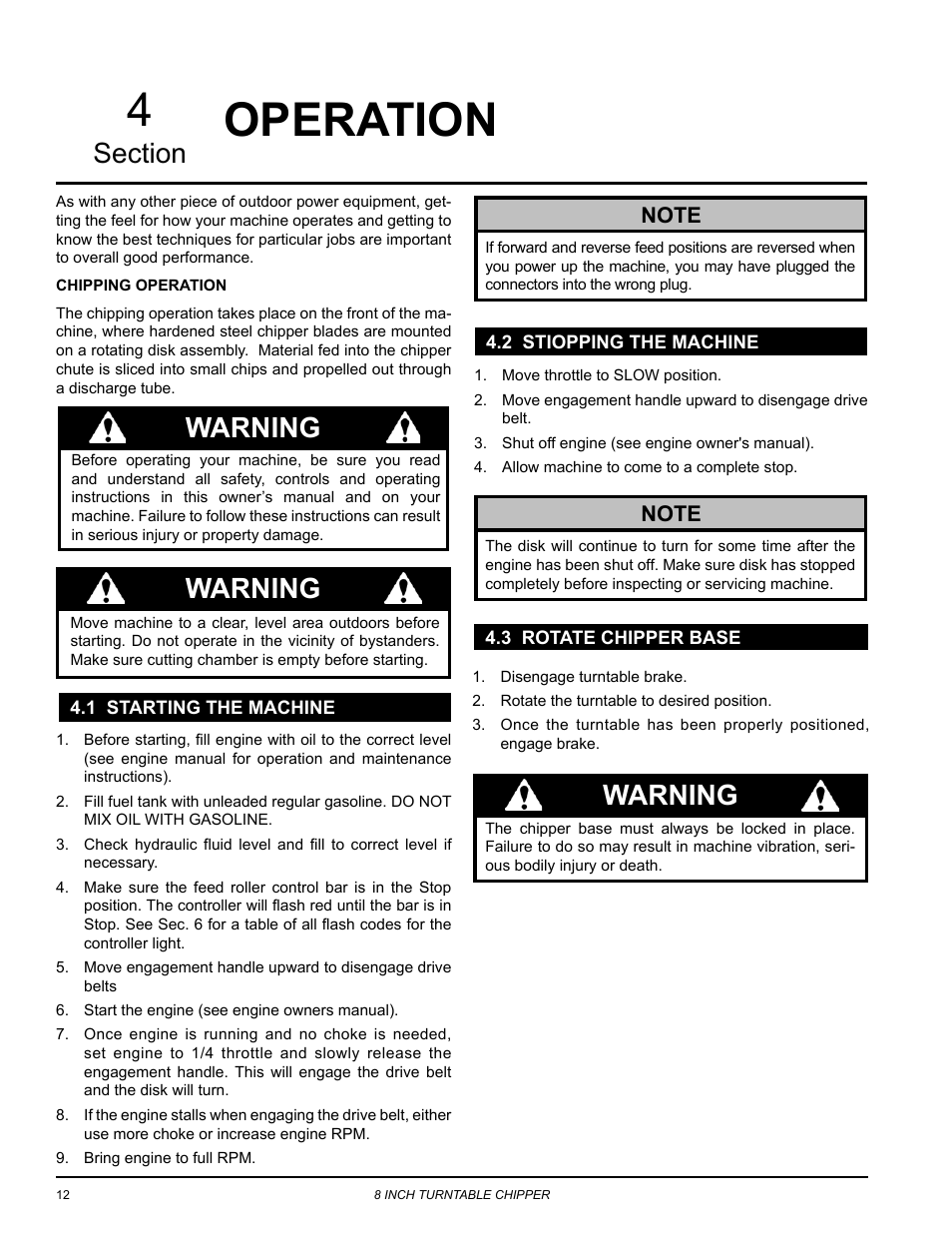 Operation, 1 starting the machine, 2 stiopping the machine | 3 rotate chipper base, Warning | Echo CH8993H Owners Manual v.6 User Manual | Page 16 / 34