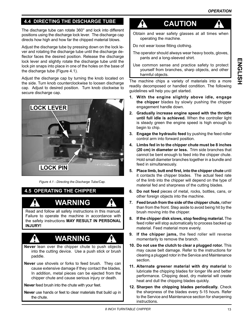 4 directing the discharge tube, 5 operating the chipper, Warning | Caution, English | Echo CH8993H Owners Manual v.6 User Manual | Page 17 / 34
