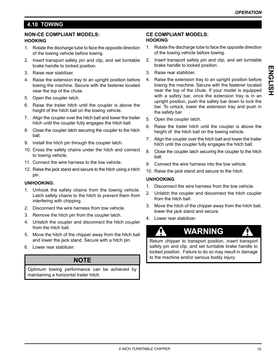 10 towing, Warning, English | Echo CH8993H Owners Manual v.6 User Manual | Page 19 / 34