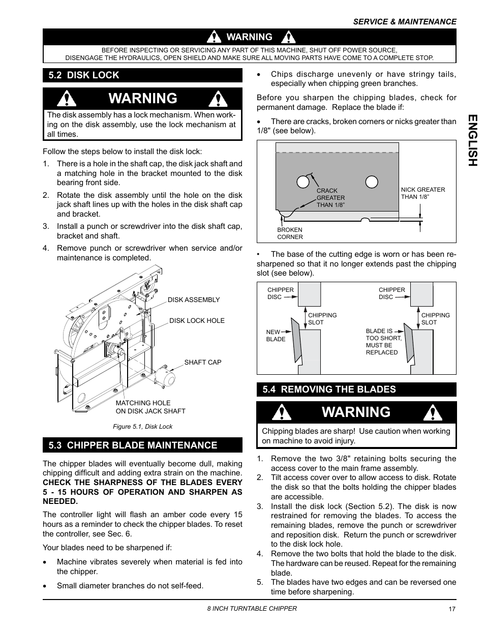 2 disk lock, 3 chipper blade maintenance, 4 removing the blades | Service & maintenance, Warning, English | Echo CH8993H Owners Manual v.6 User Manual | Page 21 / 34
