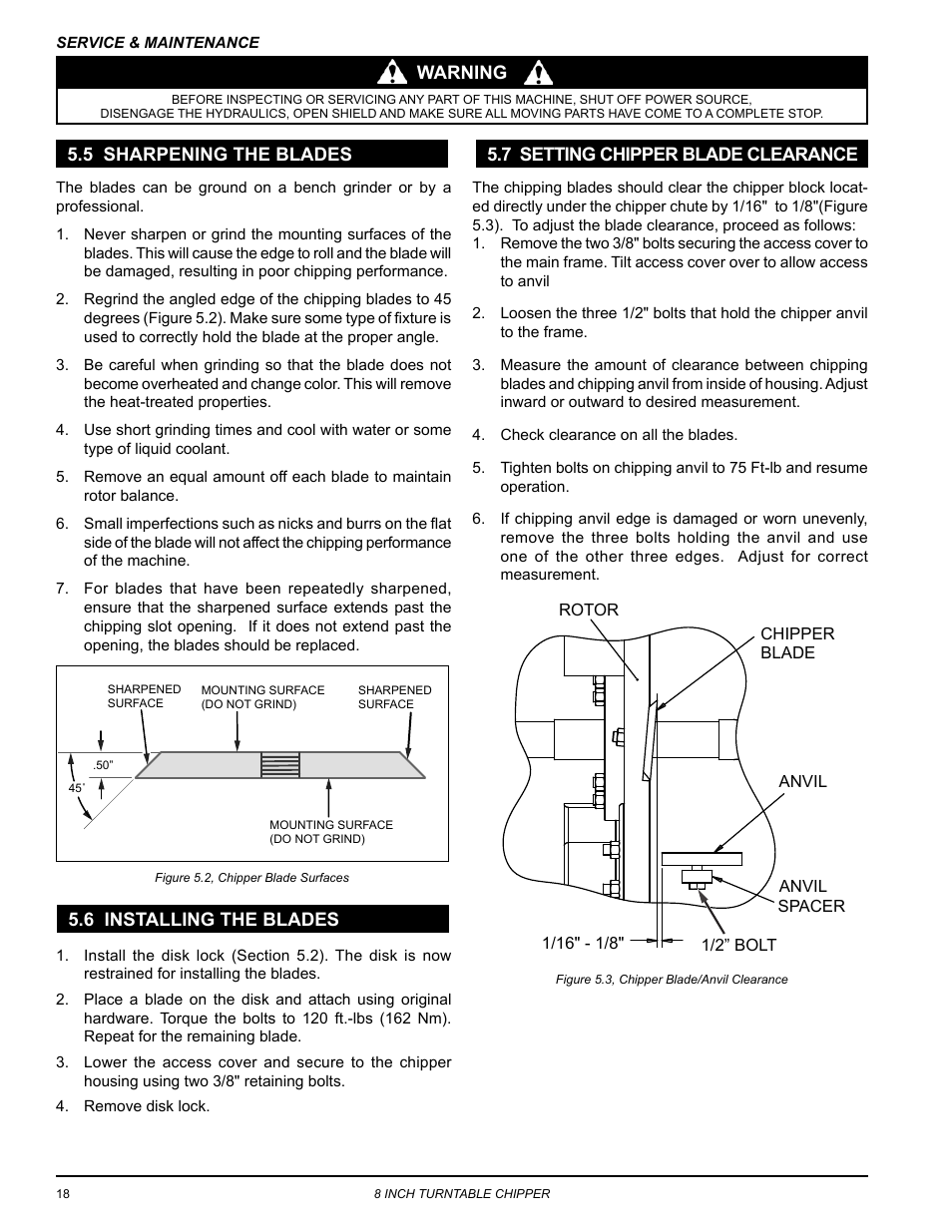 5 sharpening the blades, 6 installing the blades, 7 setting chipper blade clearance | Warning | Echo CH8993H Owners Manual v.6 User Manual | Page 22 / 34