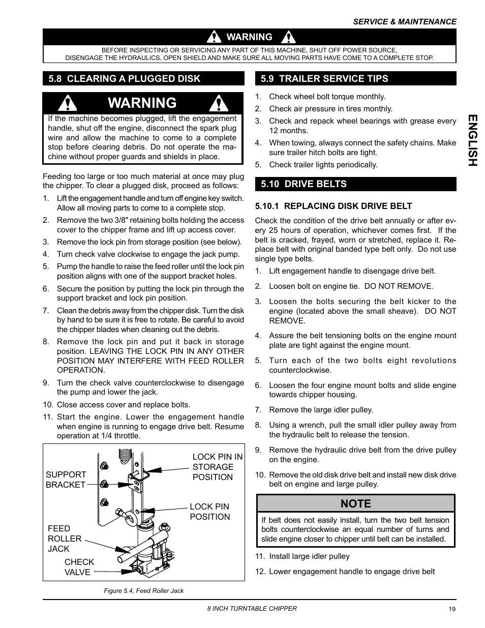 8 clearing a plugged disk, 9 trailer service tips, 10 drive belts | Warning, English | Echo CH8993H Owners Manual v.6 User Manual | Page 23 / 34