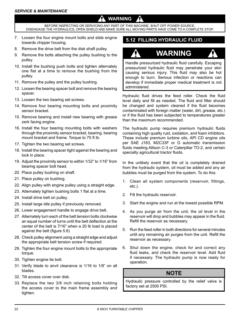 12 filling hydraulic fluid, Warning | Echo CH8993H Owners Manual v.6 User Manual | Page 26 / 34