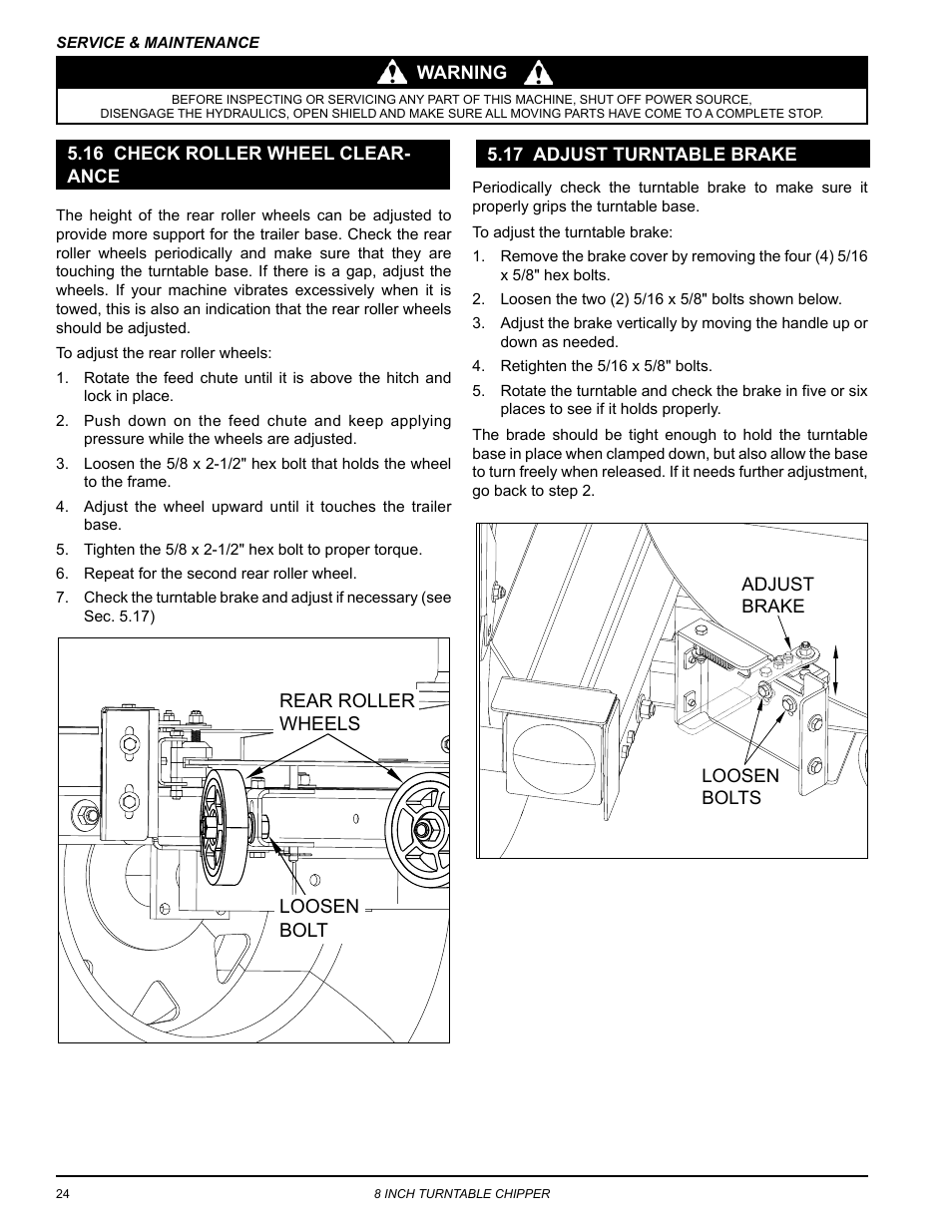 16 check roller wheel clearance, 17 adjust turntable brake | Echo CH8993H Owners Manual v.6 User Manual | Page 28 / 34