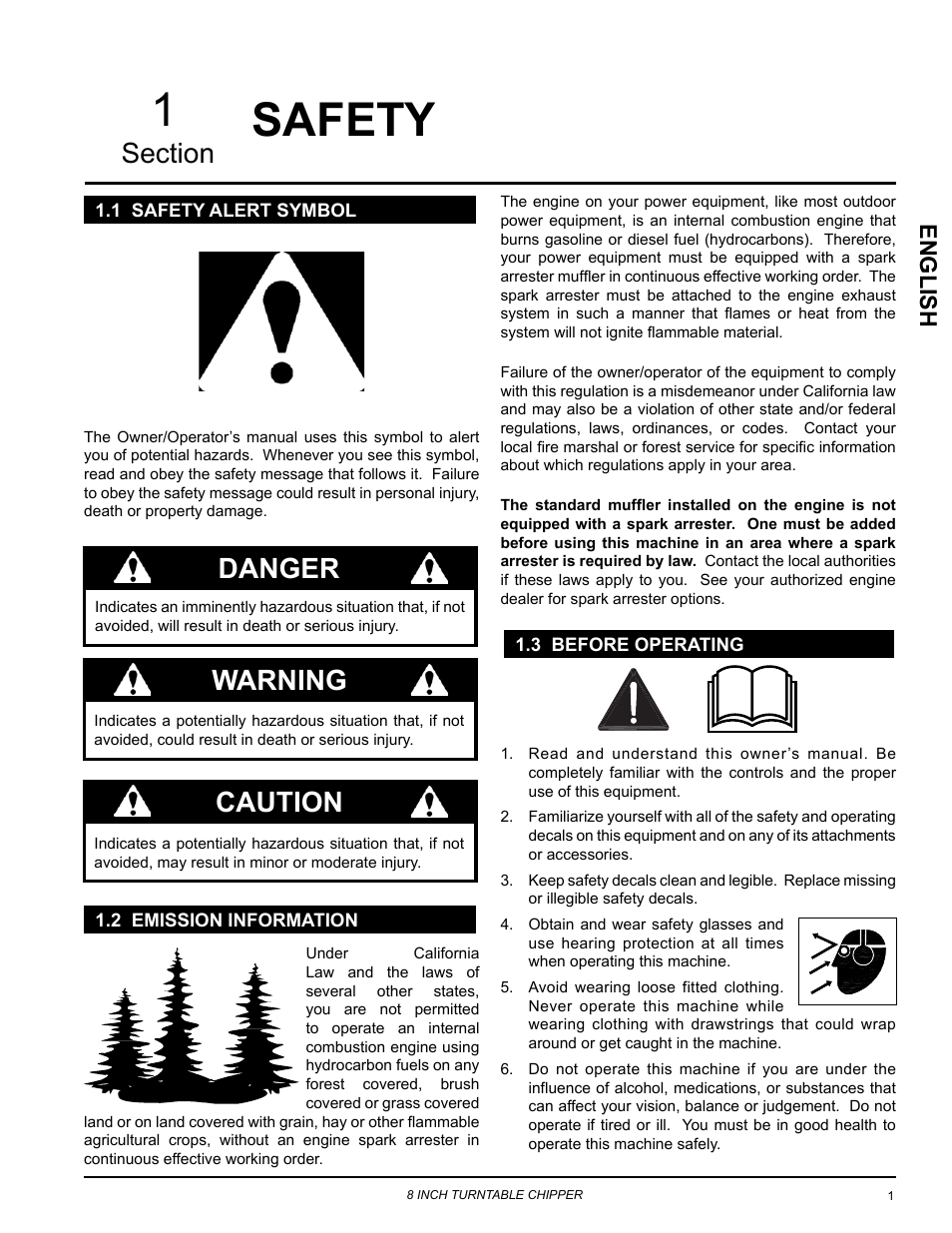 Safety, 1 safety alert symbol, 2 emission information | 3 before operating, Warning, Danger caution, English | Echo CH8993H Owners Manual v.6 User Manual | Page 5 / 34