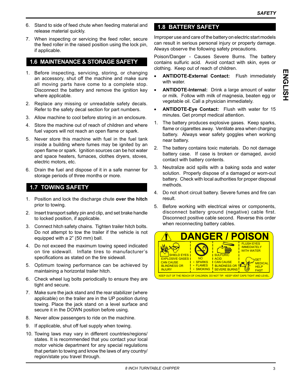 6 maintenance & storage safety, 7 towing safety, 8 battery safety | Danger / poison, English | Echo CH8993H Owners Manual v.6 User Manual | Page 7 / 34