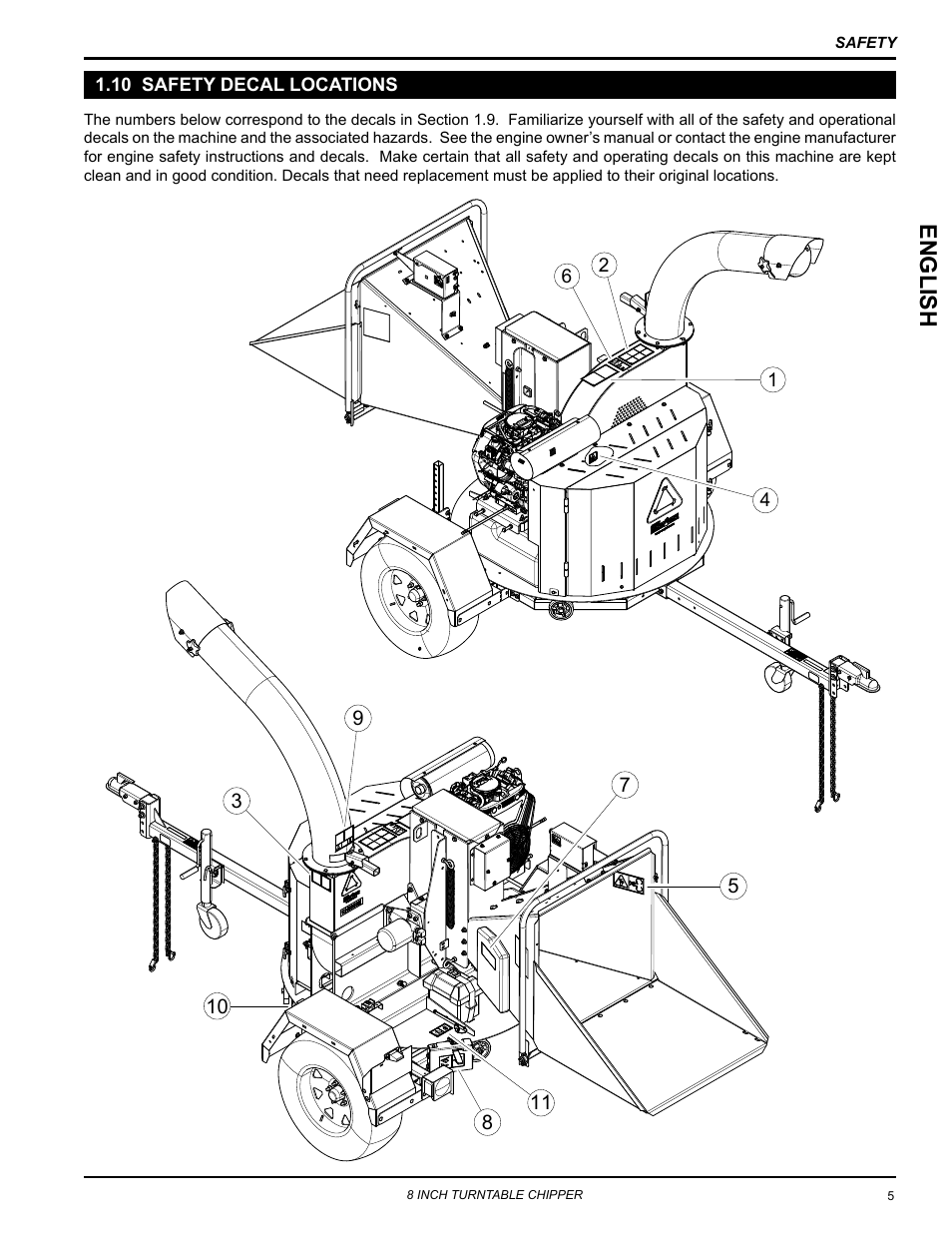 10 safety decal locations, English | Echo CH8993H Owners Manual v.6 User Manual | Page 9 / 34