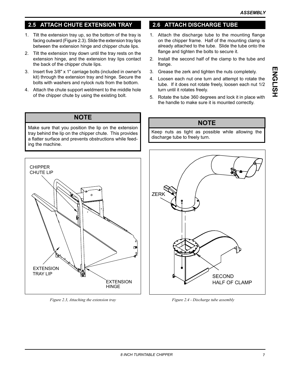 5 attach chute extension tray, 6 attach discharge tube, Englis h | Echo CH8670H Owners Manual v.5 User Manual | Page 11 / 36