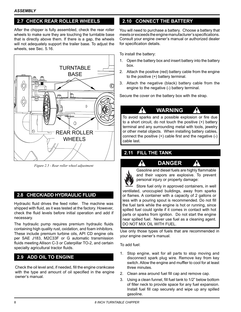 7 check rear roller wheels, 8 check/add hydraulic fluid, 9 add oil to engine | 10 connect the battery, 11 fill the tank, Danger, Warning, Rear roller wheels turntable base | Echo CH8670H Owners Manual v.5 User Manual | Page 12 / 36