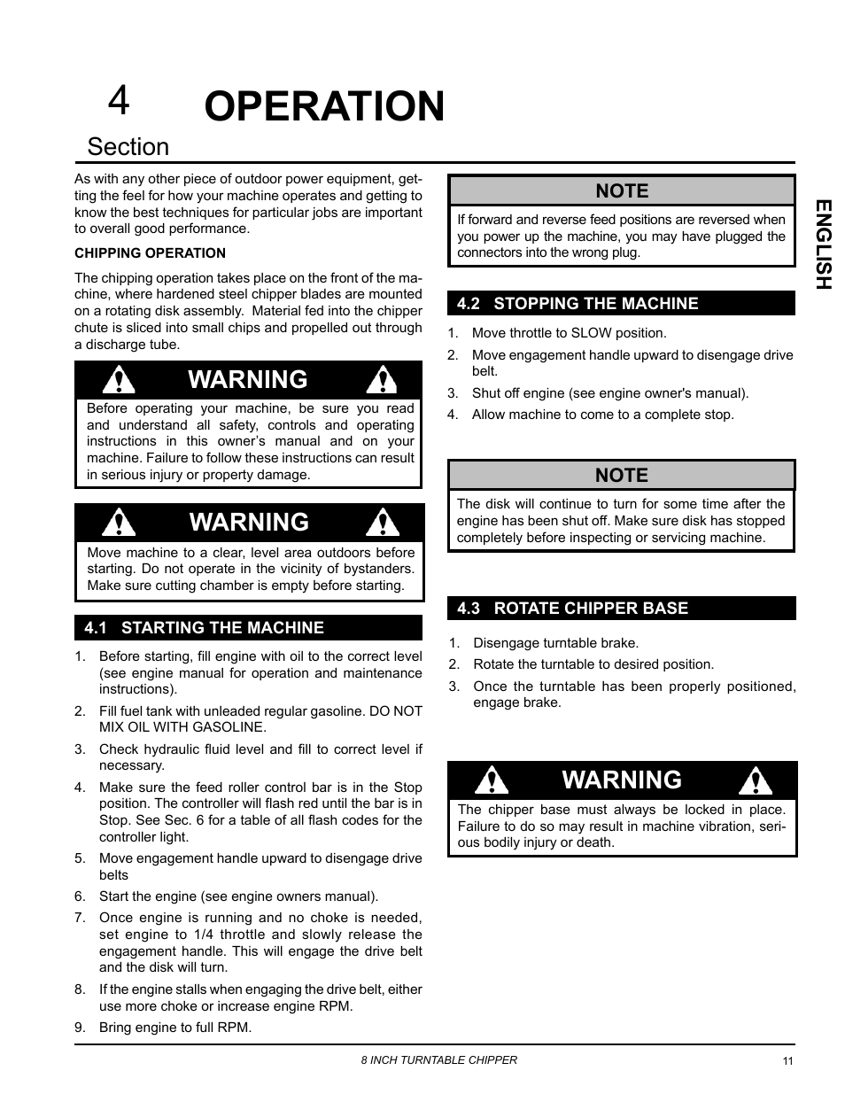 Operation, 1 starting the machine, 2 stopping the machine | 3 rotate chipper base, Warning, Englis h | Echo CH8670H Owners Manual v.5 User Manual | Page 15 / 36