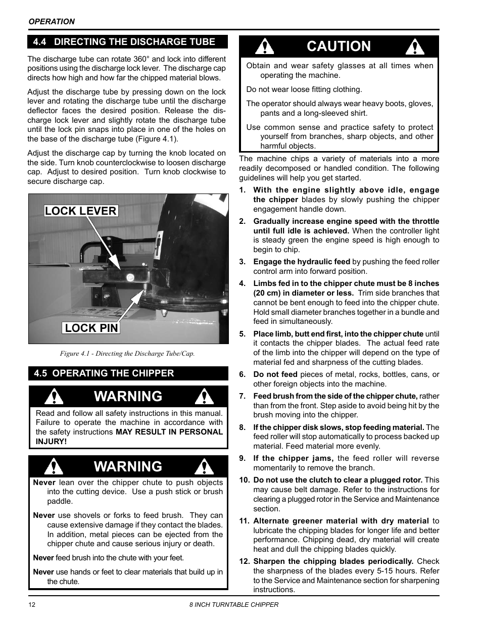 4 directing the discharge tube, 5 operating the chipper, Warning | Caution | Echo CH8670H Owners Manual v.5 User Manual | Page 16 / 36