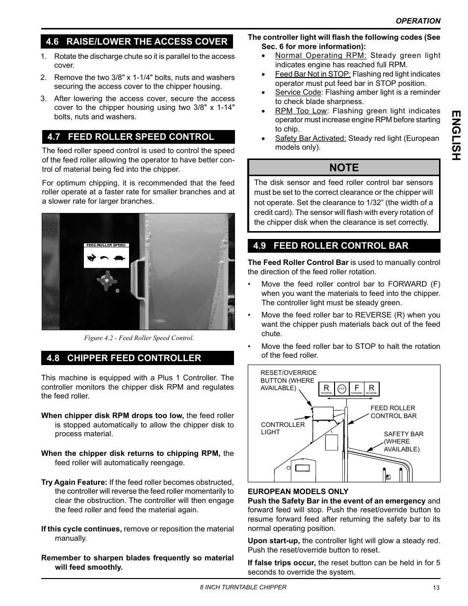 6 raise/lower the access cover, 7 feed roller speed control, 8 chipper feed controller | 9 feed roller control bar, Englis h | Echo CH8670H Owners Manual v.5 User Manual | Page 17 / 36