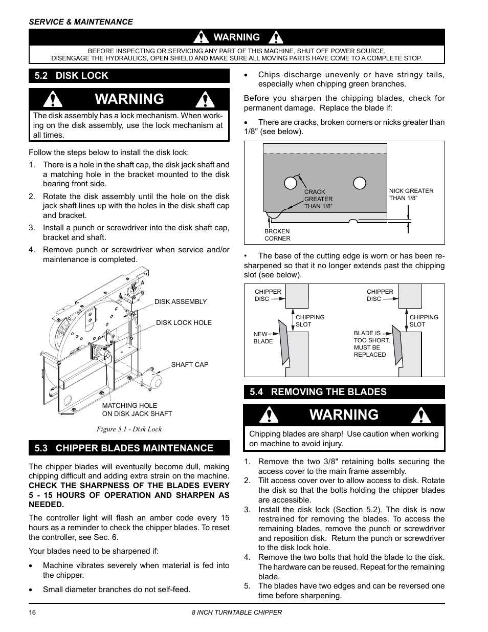 2 disk lock, 3 chipper blades maintenance, 4 removing the blades | Warning | Echo CH8670H Owners Manual v.5 User Manual | Page 20 / 36