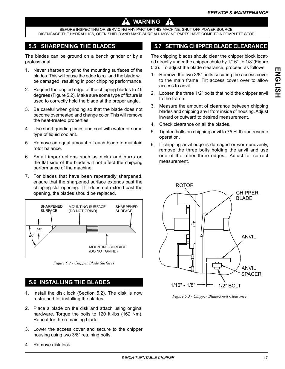 5 sharpening the blades, 6 installing the blades, 7 setting chipper blade clearance | Englis h | Echo CH8670H Owners Manual v.5 User Manual | Page 21 / 36