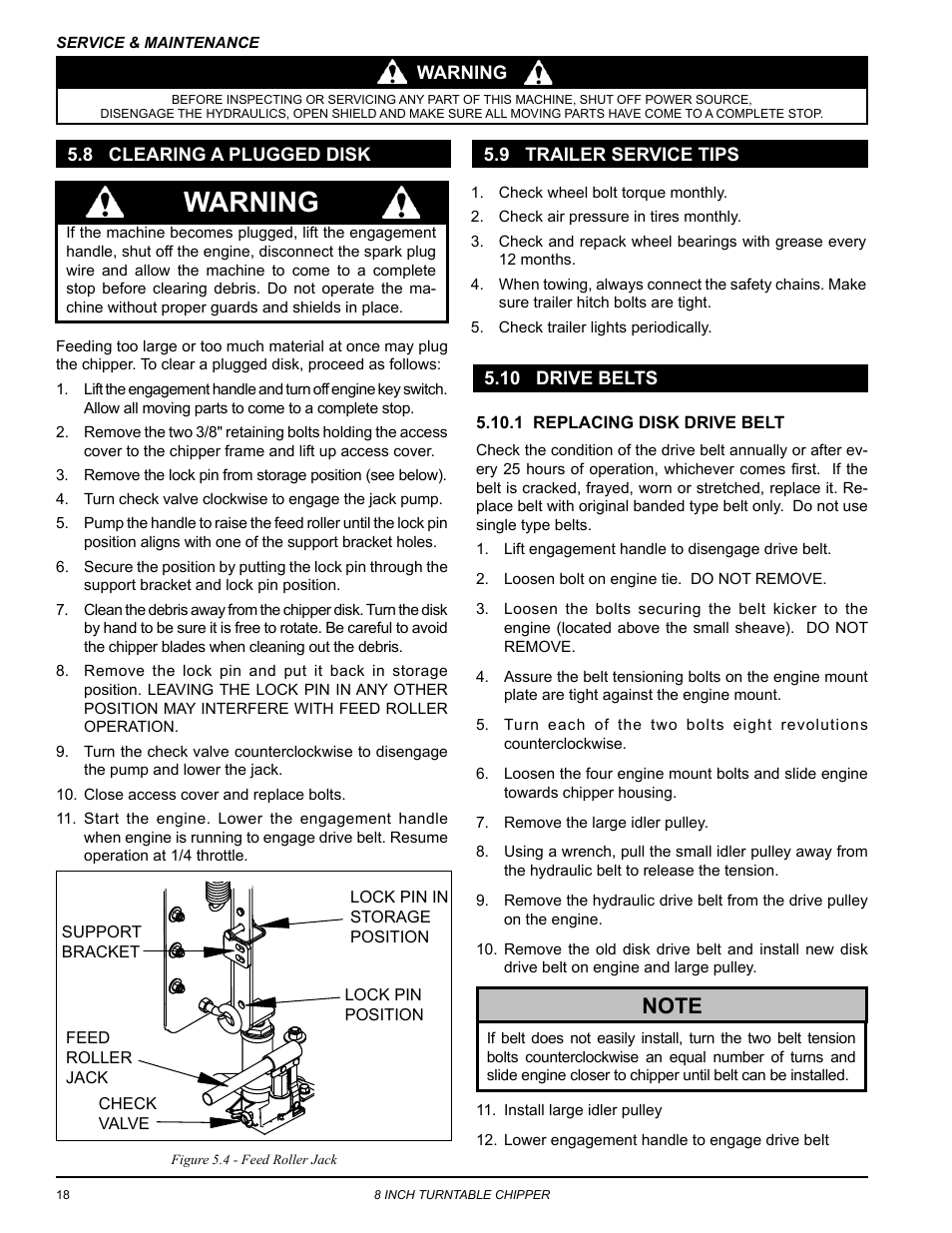 8 clearing a plugged disk, 9 trailer service tips, 10 drive belts | Warning | Echo CH8670H Owners Manual v.5 User Manual | Page 22 / 36