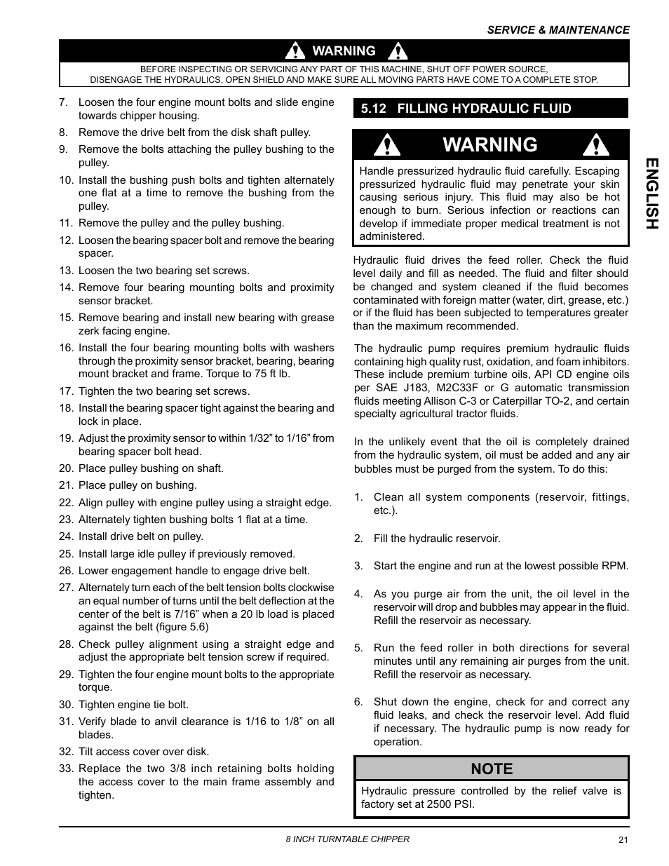 12 filling hydraulic fluid, Warning, Englis h | Echo CH8670H Owners Manual v.5 User Manual | Page 25 / 36