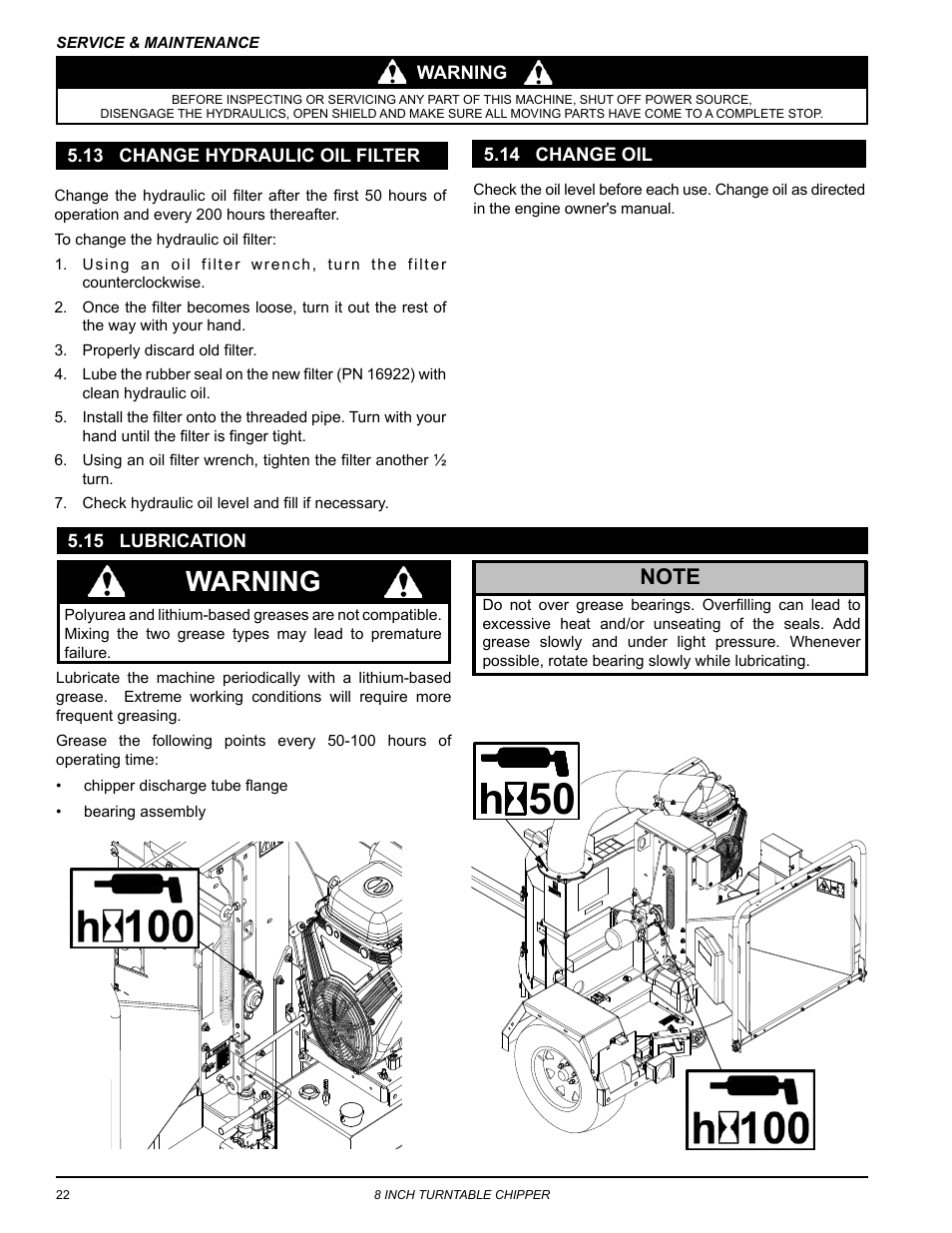 13 change hydraulic oil filter, 15 lubrication, 14 change oil | 50 h, Warning | Echo CH8670H Owners Manual v.5 User Manual | Page 26 / 36