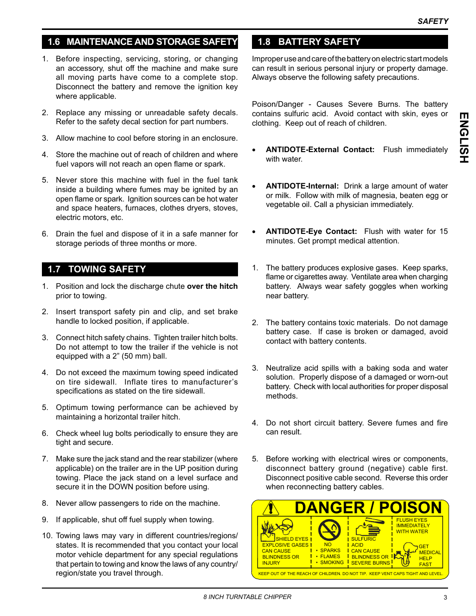 6 maintenance and storage safety, 7 towing safety, 8 battery safety | Danger / poison, Englis h | Echo CH8670H Owners Manual v.5 User Manual | Page 7 / 36