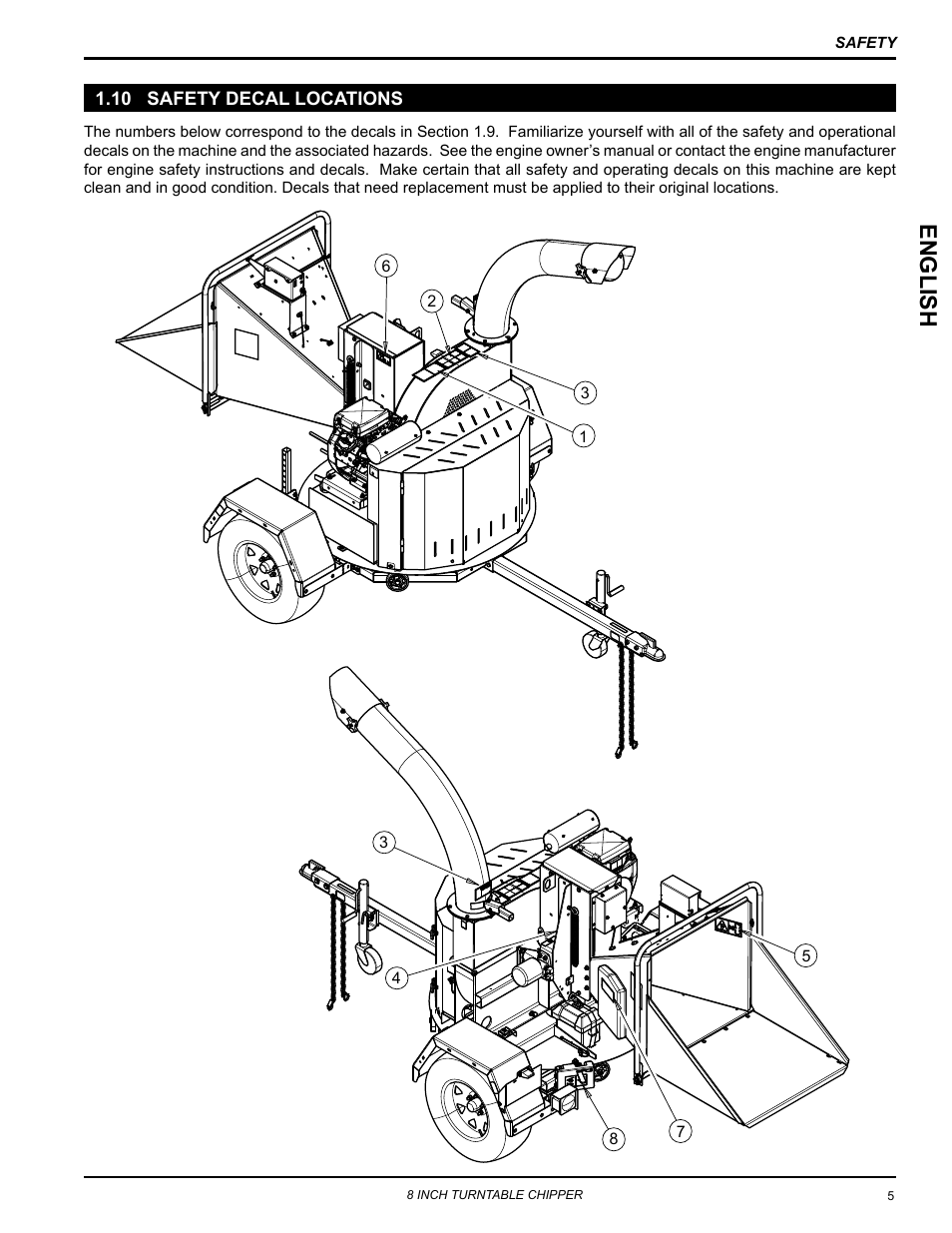 10 safety decal locations, Englis h | Echo CH8670H Owners Manual v.5 User Manual | Page 9 / 36