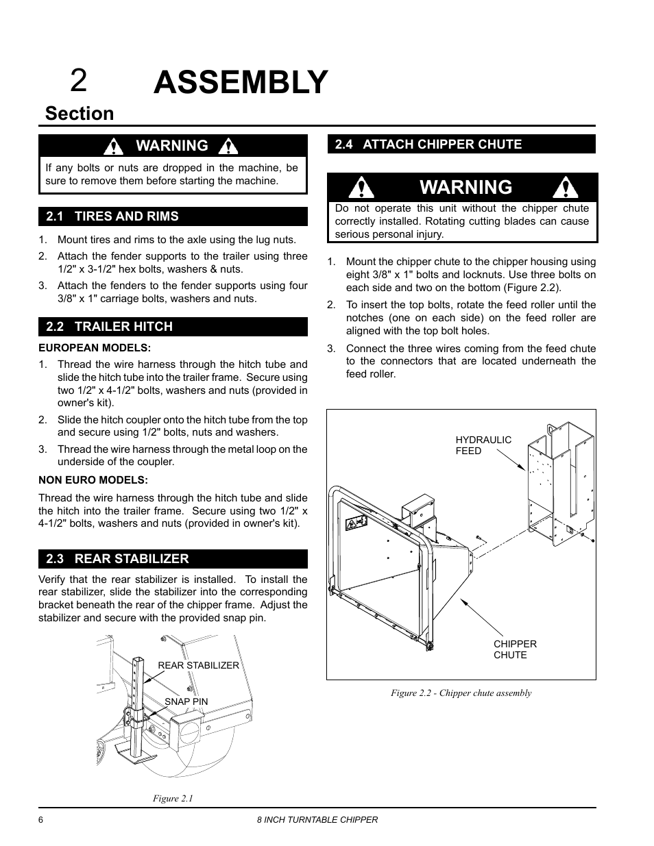 Assembly, 1 tires and rims, 2 trailer hitch | 3 rear stabilizer, 4 attach chipper chute, Warning | Echo CH8670H Owners Manual v.4 User Manual | Page 10 / 34