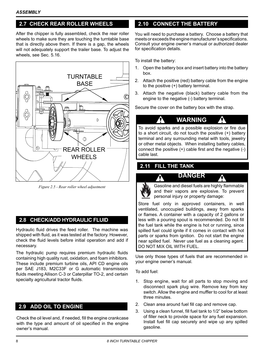 7 check rear roller wheels, 8 check/add hydraulic fluid, 9 add oil to engine | 10 connect the battery, 11 fill the tank, Danger, Warning, Rear roller wheels turntable base | Echo CH8670H Owners Manual v.4 User Manual | Page 12 / 34