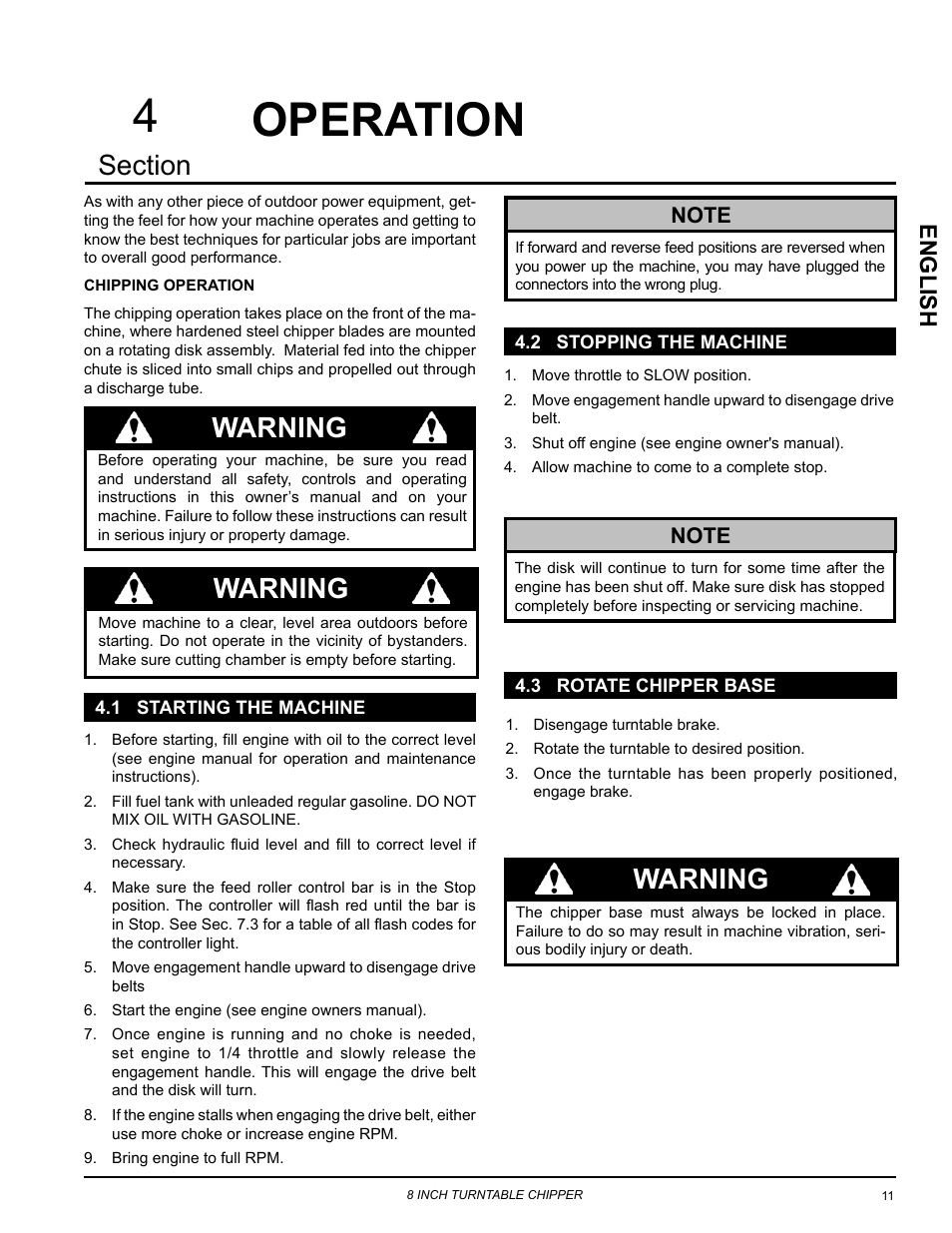 Operation, 1 starting the machine, 2 stopping the machine | 3 rotate chipper base, Warning, Englis h | Echo CH8670H Owners Manual v.4 User Manual | Page 15 / 34