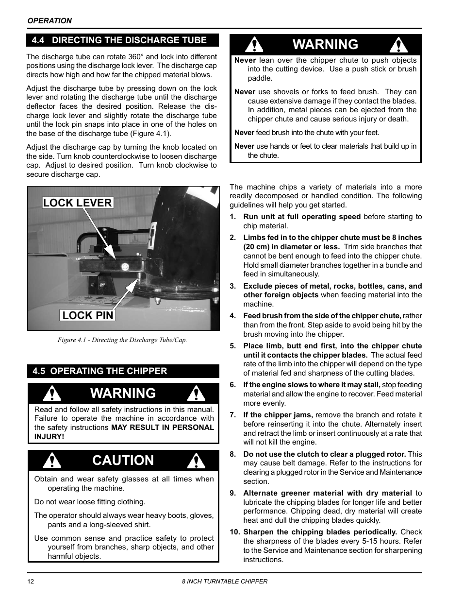 4 directing the discharge tube, 5 operating the chipper, Warning | Caution | Echo CH8670H Owners Manual v.4 User Manual | Page 16 / 34