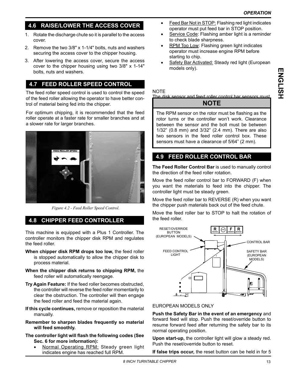 6 raise/lower the access cover, 7 feed roller speed control, 8 chipper feed controller | 9 feed roller control bar, Englis h | Echo CH8670H Owners Manual v.4 User Manual | Page 17 / 34