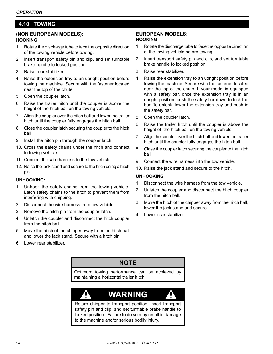 10 towing, Warning | Echo CH8670H Owners Manual v.4 User Manual | Page 18 / 34