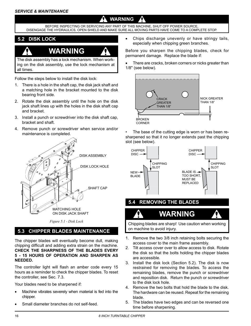 2 disk lock, 3 chipper blades maintenance, 4 removing the blades | Warning | Echo CH8670H Owners Manual v.4 User Manual | Page 20 / 34