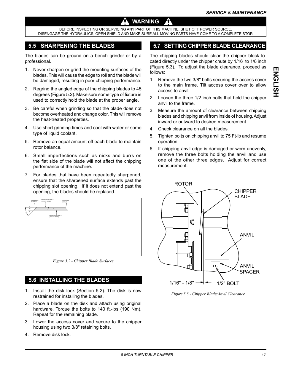 5 sharpening the blades, 6 installing the blades, 7 setting chipper blade clearance | Englis h, Warning | Echo CH8670H Owners Manual v.4 User Manual | Page 21 / 34