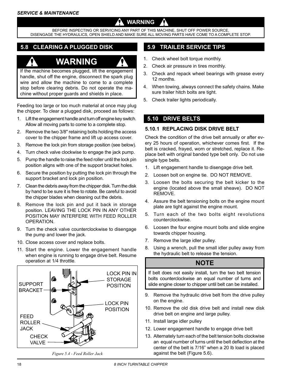8 clearing a plugged disk, 9 trailer service tips, 10 drive belts | Warning | Echo CH8670H Owners Manual v.4 User Manual | Page 22 / 34