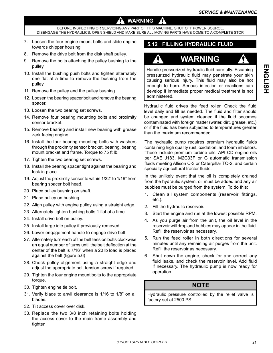 12 filling hydraulic fluid, Warning, Englis h | Echo CH8670H Owners Manual v.4 User Manual | Page 25 / 34
