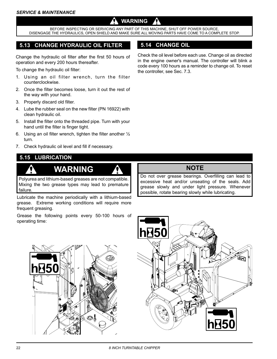 13 change hydraulic oil filter, 15 lubrication, 14 change oil | Warning | Echo CH8670H Owners Manual v.4 User Manual | Page 26 / 34