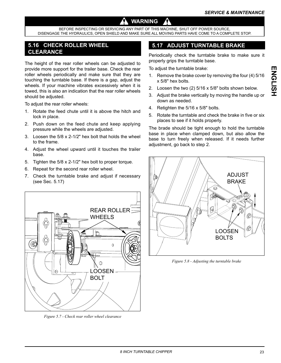 16 check roller wheel, Clearance, 17 adjust turntable brake | Englis h | Echo CH8670H Owners Manual v.4 User Manual | Page 27 / 34