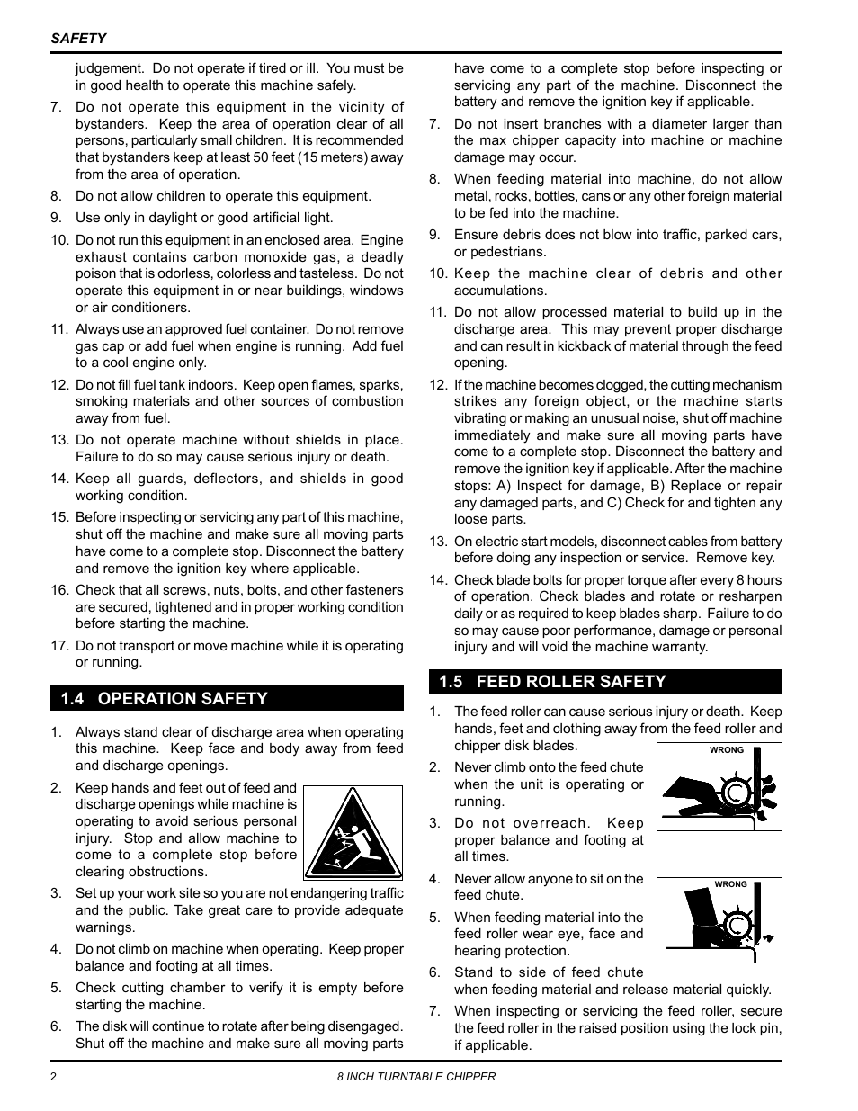 4 operation safety, 5 feed roller safety, 4 operation safety 1.5 feed roller safety | Echo CH8670H Owners Manual v.4 User Manual | Page 6 / 34