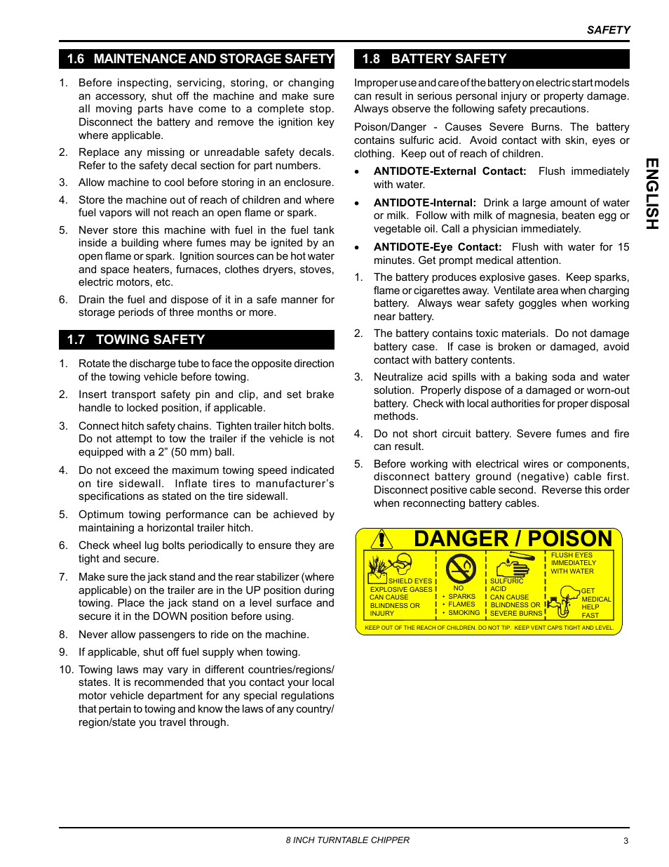 6 maintenance and storage safety, 7 towing safety, 8 battery safety | Danger / poison, Englis h | Echo CH8670H Owners Manual v.4 User Manual | Page 7 / 34