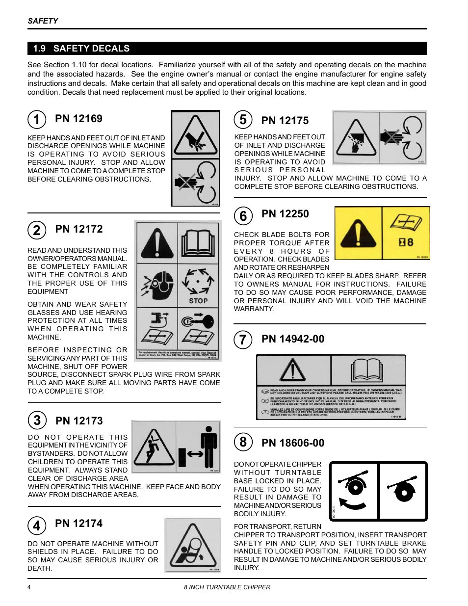 9 safety decals | Echo CH8670H Owners Manual v.4 User Manual | Page 8 / 34