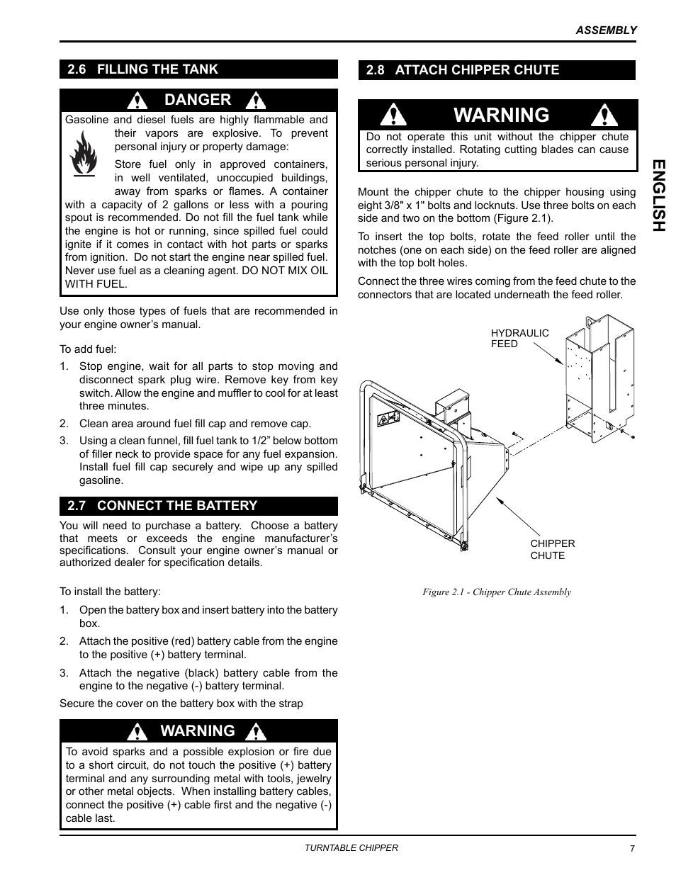 6 filling the tank, 7 connect the battery, 8 attach chipper chute | Warning, Englis h, Danger | Echo CH8670H Owners Manual v.3 User Manual | Page 11 / 34