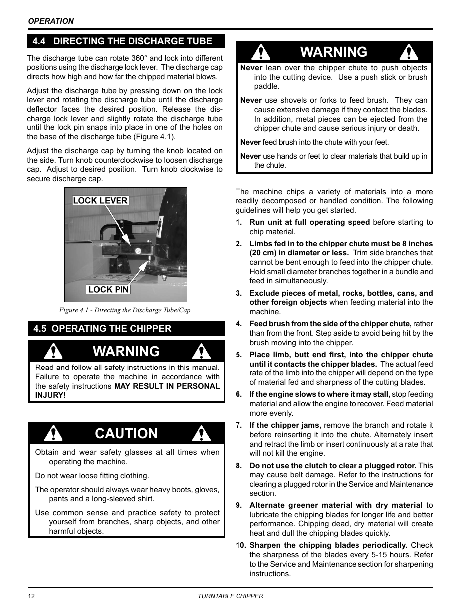 4 directing the discharge tube, 5 operating the chipper, Warning | Caution | Echo CH8670H Owners Manual v.3 User Manual | Page 16 / 34