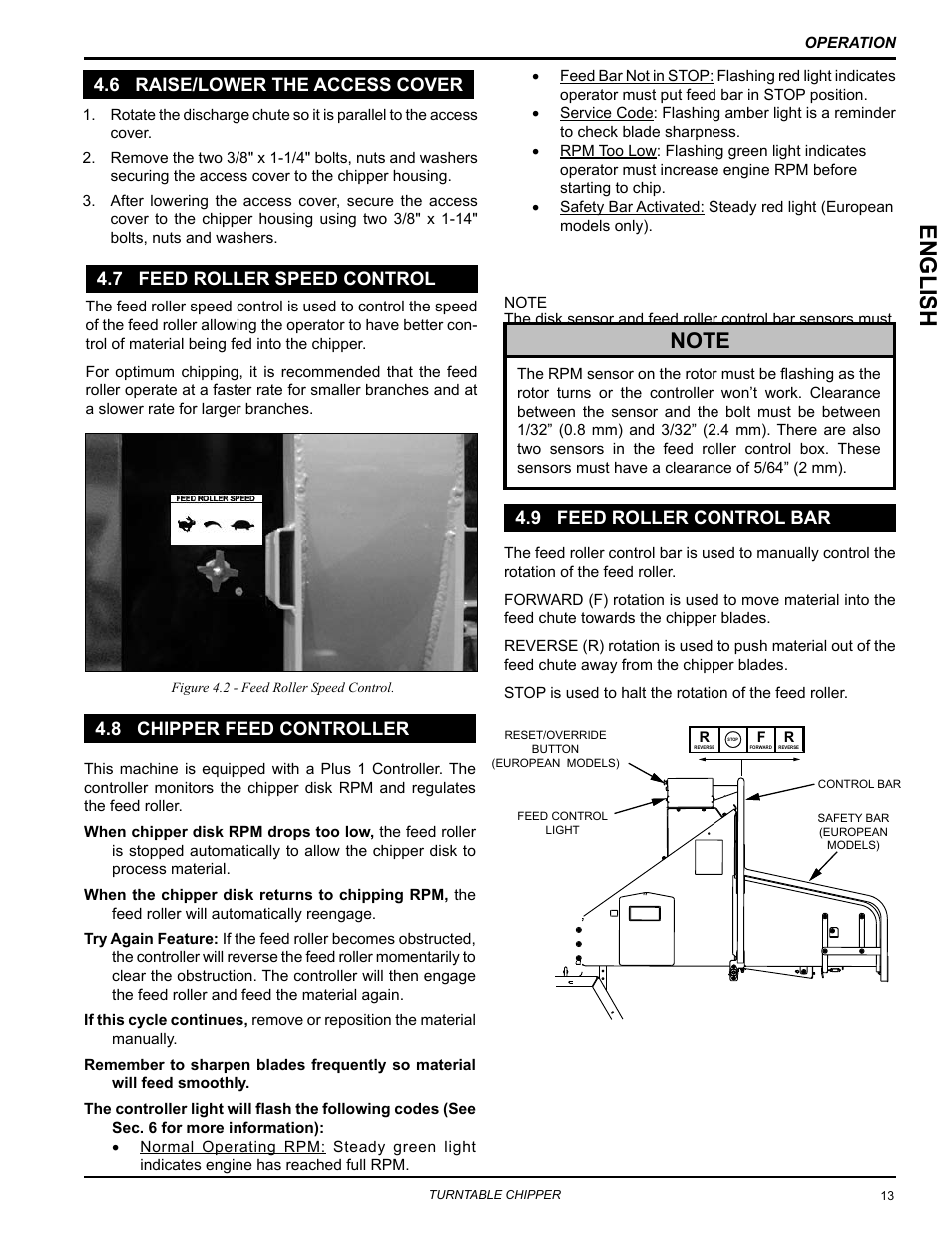 6 raise/lower the access cover, 7 feed roller speed control, 8 chipper feed controller | 9 feed roller control bar, Englis h | Echo CH8670H Owners Manual v.3 User Manual | Page 17 / 34