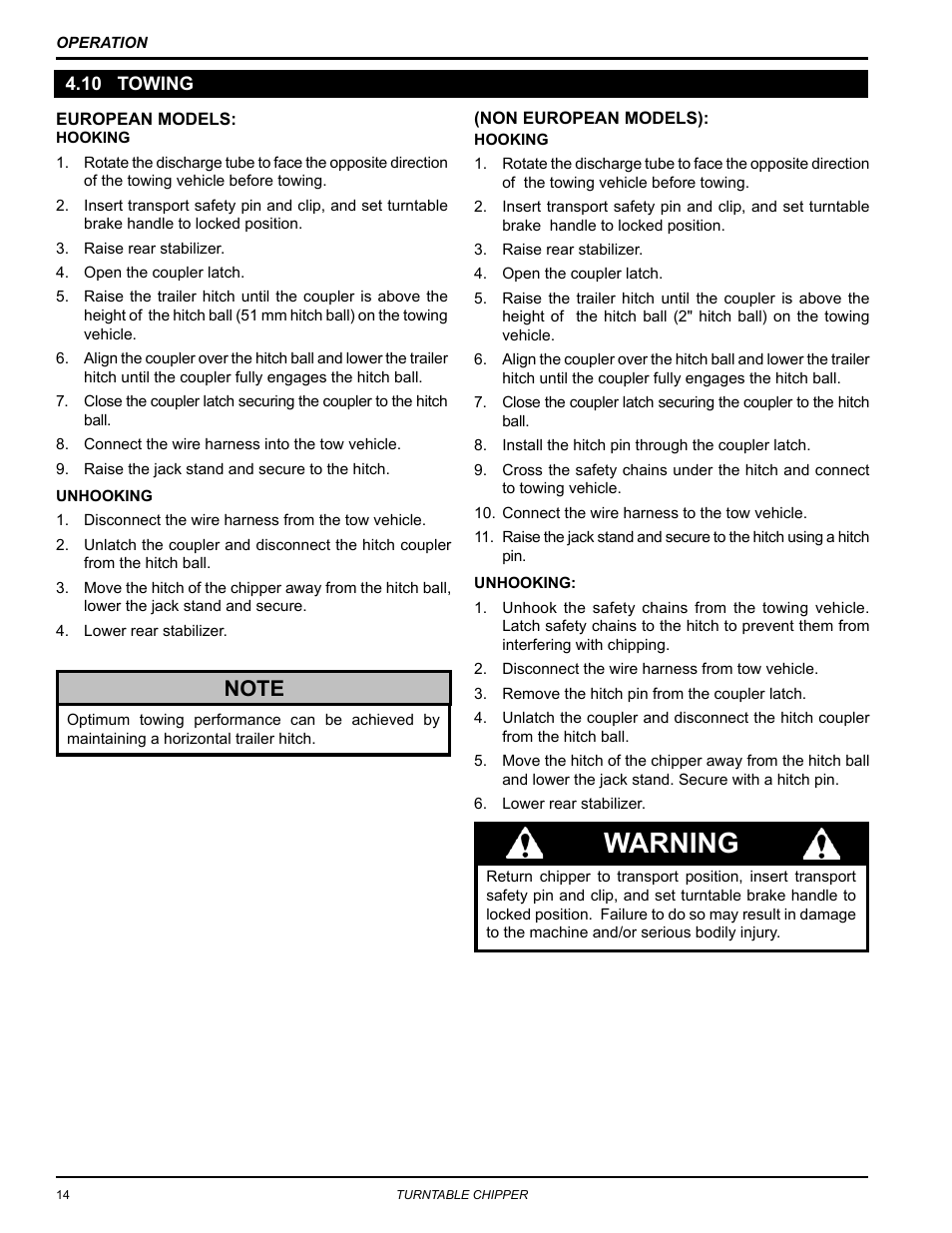 10 towing, Warning | Echo CH8670H Owners Manual v.3 User Manual | Page 18 / 34
