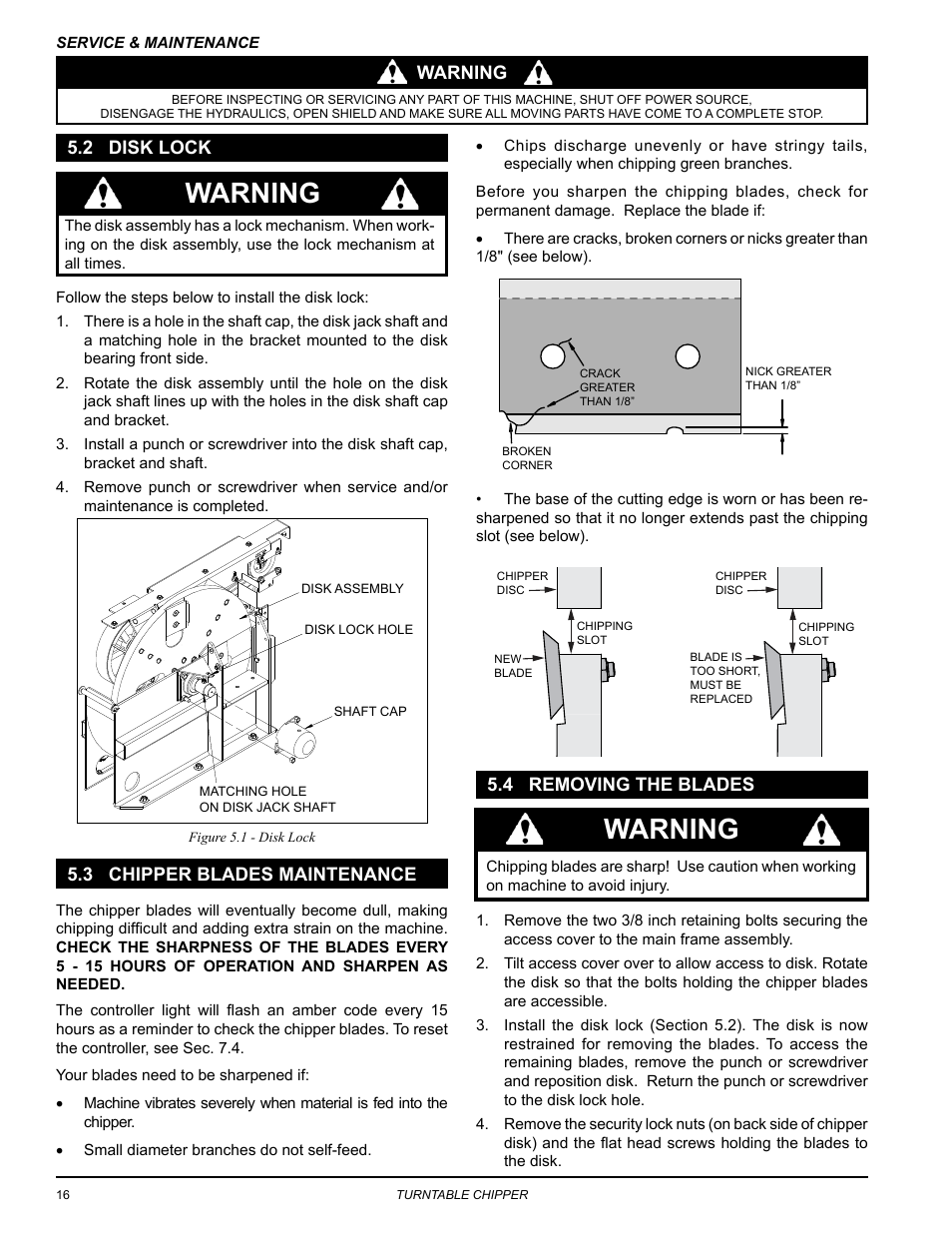 2 disk lock, 3 chipper blades maintenance, 4 removing the blades | Warning | Echo CH8670H Owners Manual v.3 User Manual | Page 20 / 34