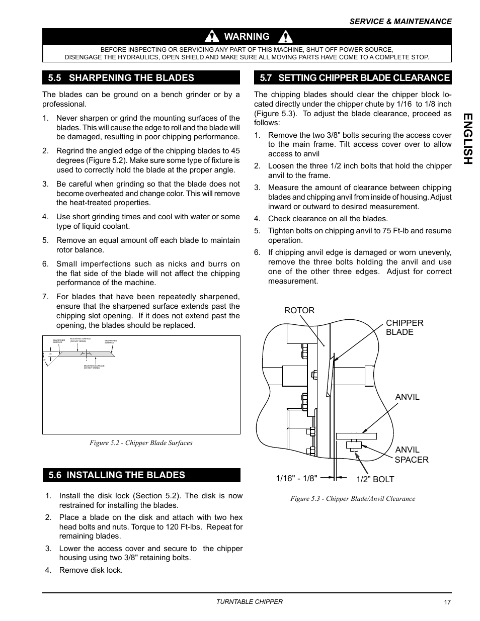 5 sharpening the blades, 6 installing the blades, 7 setting chipper blade clearance | Englis h, Warning | Echo CH8670H Owners Manual v.3 User Manual | Page 21 / 34