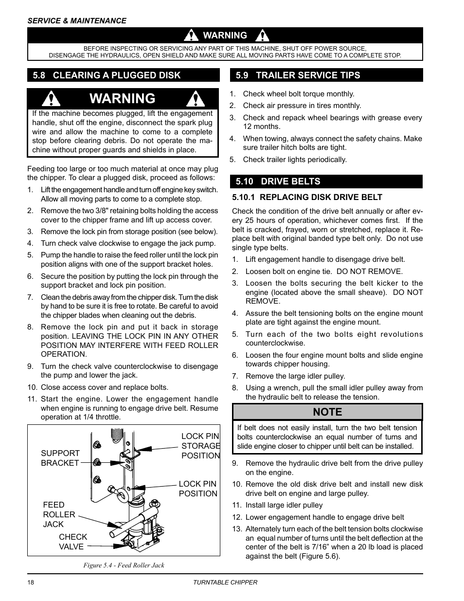 8 clearing a plugged disk, 9 trailer service tips, 10 drive belts | Warning | Echo CH8670H Owners Manual v.3 User Manual | Page 22 / 34